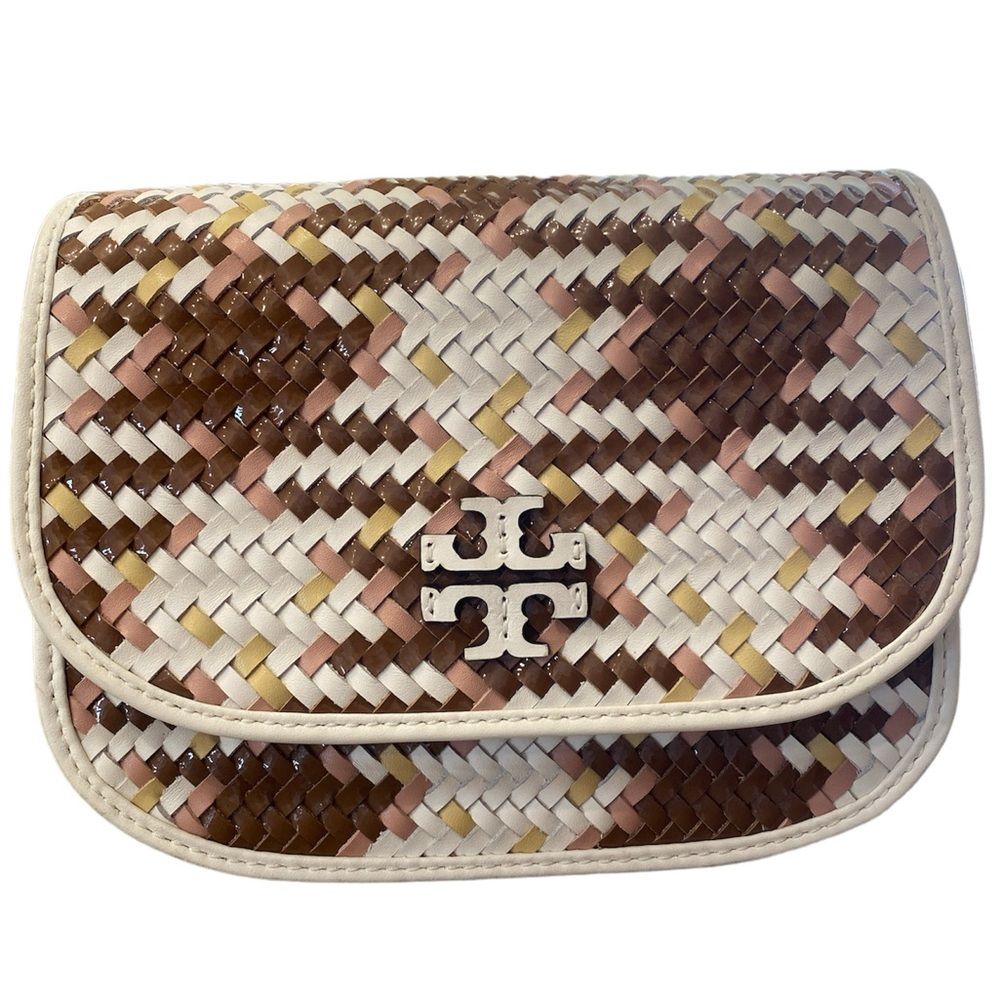 Nwt Tory Burch Britten Multi Color Woven Small Crossbody Saddle Bag Cream Brown